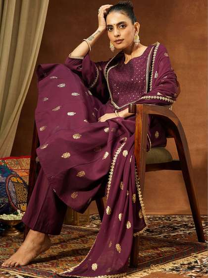 Janasya Women Ethnic
                        Motifs Empire Sequinned Chanderi Silk Kurta with
                        Trousers & With Dupatta
