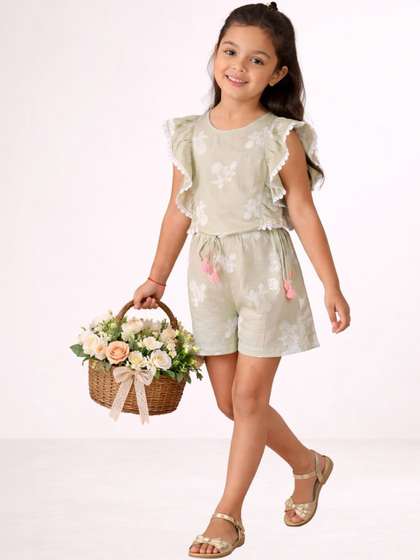 LIL DRAMA Girls Printed
                    Basic Jumpsuit with Ruffles