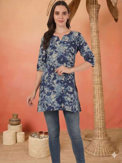Sangria FUZN Floral
                        Printed V-Neck Pure Cotton Blend Kurti