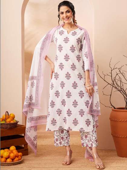 Janasya Women
                          Floral Printed Regular Pure Cotton Kurta with
                          Trousers & With Dupatta