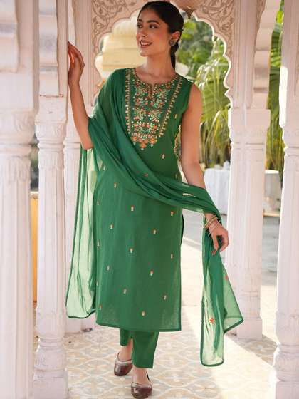 Janasya Women Floral
                        Embroidered Regular Sequinned Pure Cotton Kurta
                        with Trousers & With Dupatta