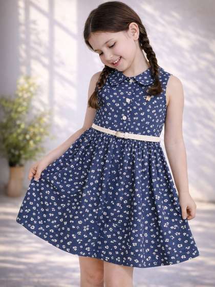 Purple United Kids Girls
                    Navy Blue Floral Print Belted Waist Casual Dress