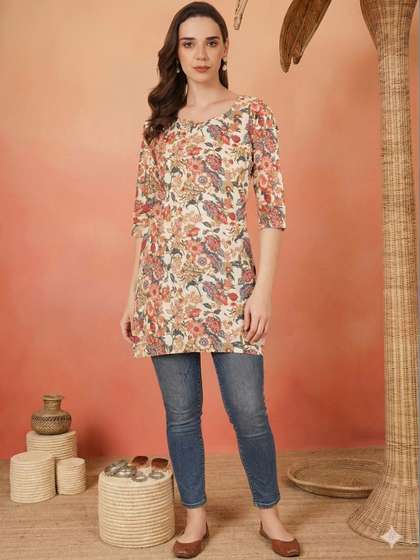 Sangria FUZN Floral
                        Printed V-Neck Pure Cotton Blend Kurti