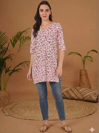 KALINI Floral
                        Printed V-Neck Pure Cotton Blend Kurti