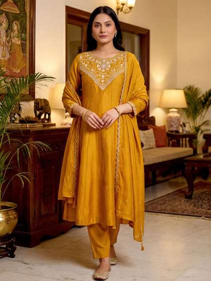 PEACH PIPER Women
                        Embroidered Regular Thread Work Kurta with
                        Trousers & With Dupatta