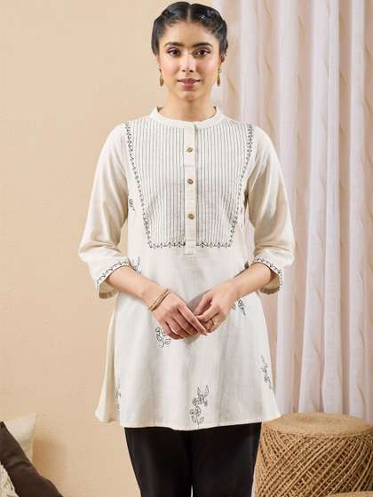 Janasya Mandarin
                        Collar Embroidered Ethnic Tunic