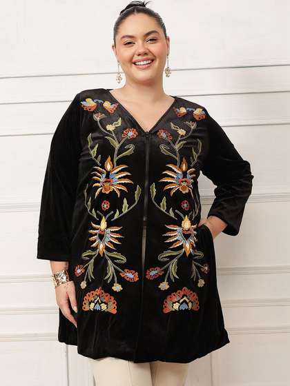 Antheaa Curve
                          Women Floral Open Front Velvet Jacket with
                          Embroidered