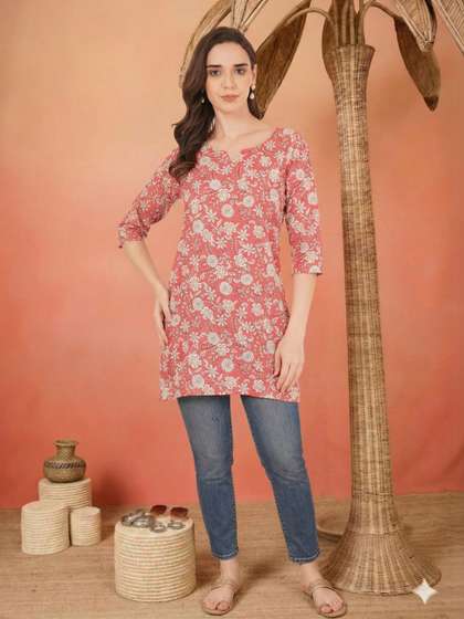 Sangria FUZN
                          Floral Printed V-Neck Pure Cotton Kurti