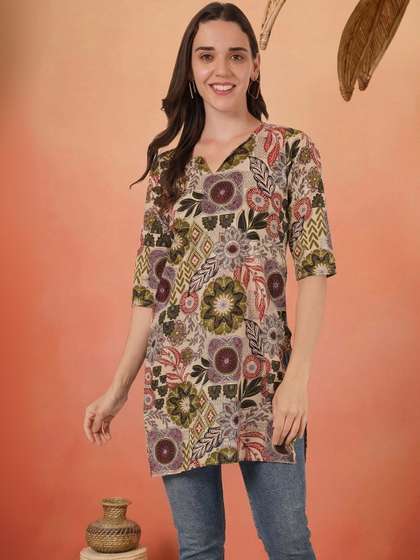 Sangria FUZN Floral
                        Printed V-Neck Pure Cotton Kurti