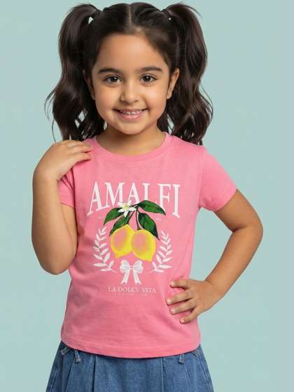 Nauti Nati Girls Printed
                    Drop-Shoulder Sleeves Cut Outs T-shirt