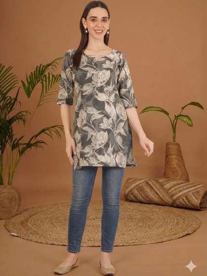 KALINI Botanical
                        Printed V-Neck Pure Cotton Blend Kurti