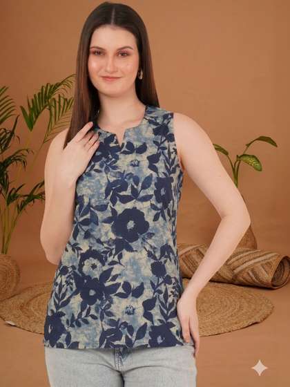KALINI Floral
                          Printed V-Neck Pure Cotton Blend Kurti