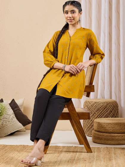 Janasya Mandarin
                          Collar Printed Ethnic Tunic