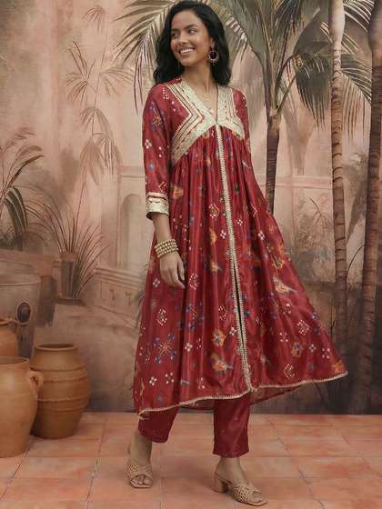 Sangria Ethnic
                        Motifs Printed Empire Kurta with Trousers