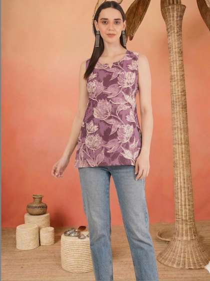Sangria FUZN Floral
                        Printed V-Neck Pure Cotton Blend Kurti
