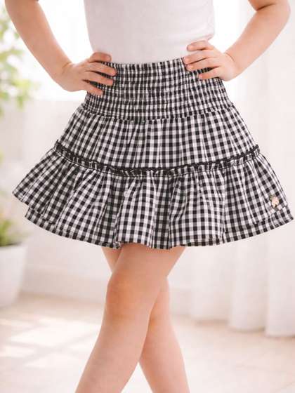 Purple United Kids Girls
                    Black Checked Tiered Ruffle Cotton Elastic Waist
                    Skirt