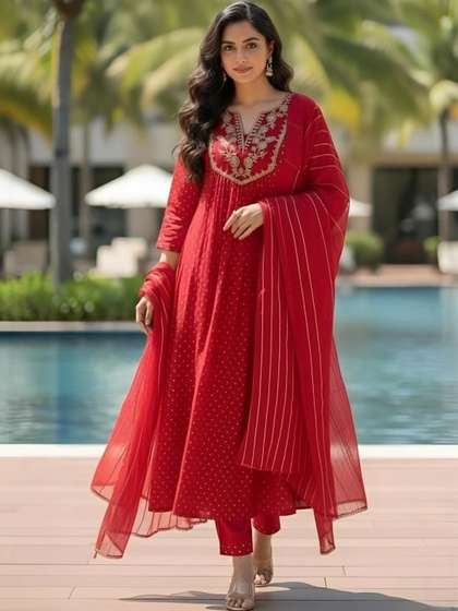 EVANORA Women
                          Ethnic Motifs Printed Empire Thread Work Kurta
                          with Trousers & With Dupatta