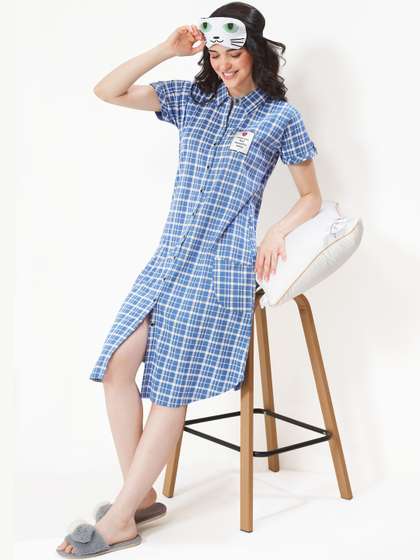 Lotik Checked
                        Mandarin Collar Nightdress