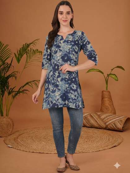 KALINI Floral
                          Printed V-Neck Pure Cotton Kurti