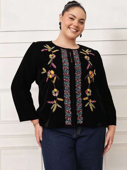 Antheaa Curve Women
                        Floral Open Front Velvet Jacket