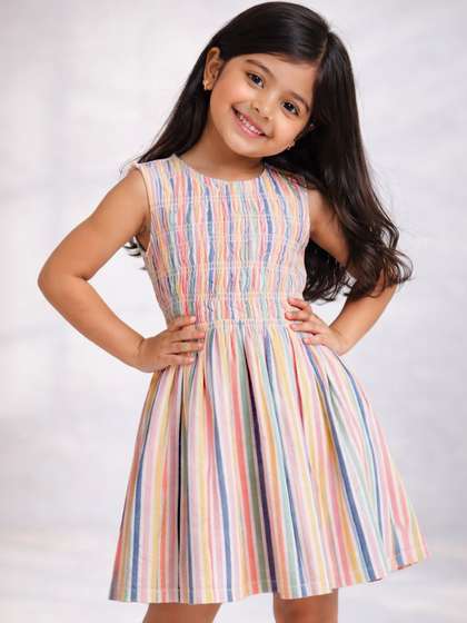 Purple United Kids Girls
                    Multi Blue Smocked Stripe Pattern Tie-Up Neck Dress