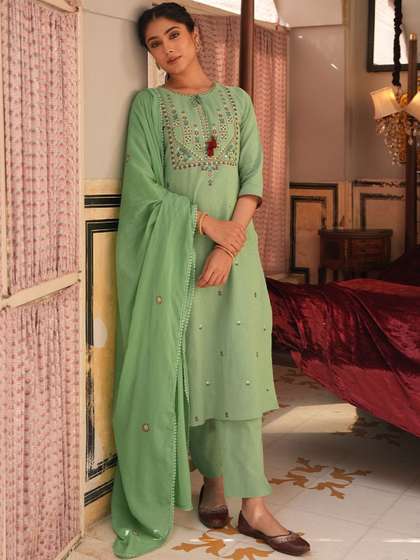 Janasya Women Floral
                        Embroidered Regular Sequinned Pure Cotton Kurta
                        with Trousers & With Dupatta