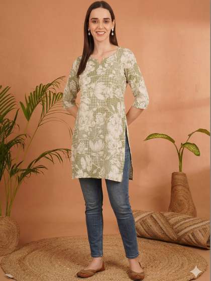 KALINI Floral
                        Printed V-Neck Pure Cotton Blend Kurti