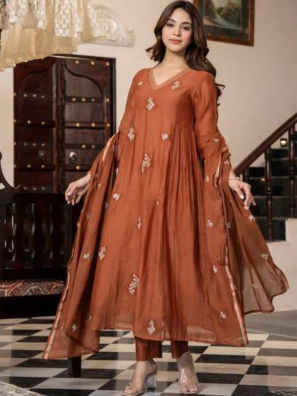 Keitra Women Viscose
                        Embroidery Anarkali Kurta Pant with Dupatta Set