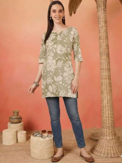 Sangria FUZN Floral
                        Printed V-Neck Pure Cotton Blend Kurti