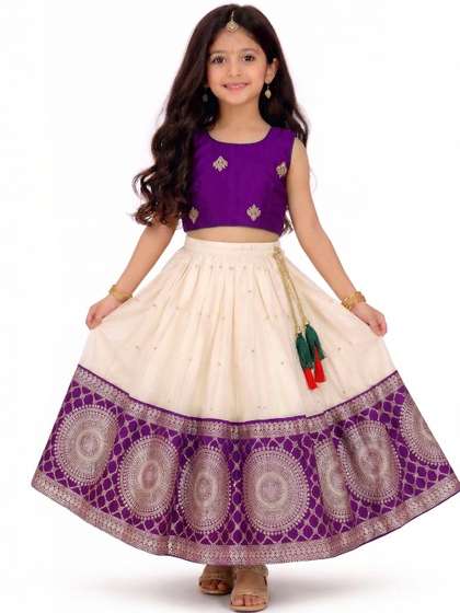 MAMERU Girls
                        Embellished Block Print Semi-Stitched Lehenga
                        &