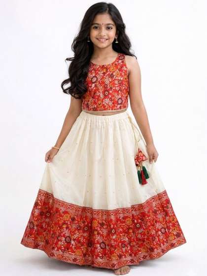 MAMERU Girls Printed
                    Patchwork Block Print Ready to Wear Lehenga &