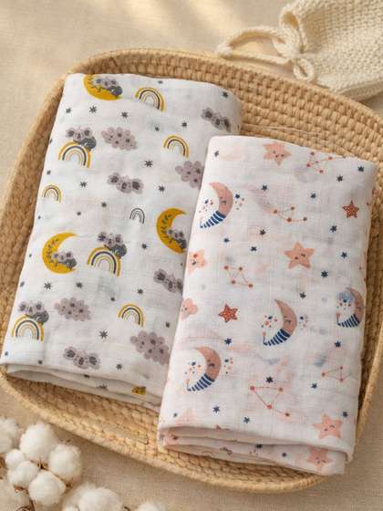 Nauti Nati Infant Girls
                    Set Of 2 Printed Muslin Pure Cotton Swaddles