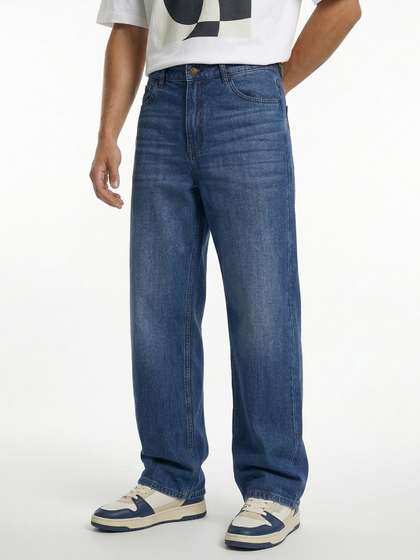 glitchez Men Pure
                        Cotton Wide Leg Mid-Rise Light Fade Jeans