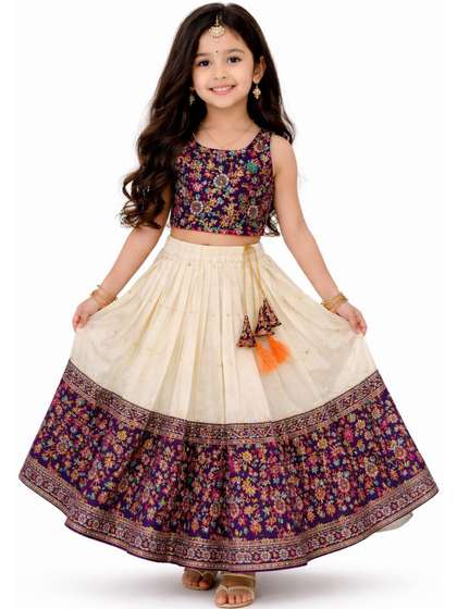 MAMERU Girls
                        Embroidered Block Print Semi-Stitched Lehenga
                        &