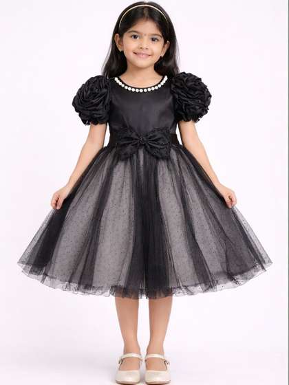 LIL SPROUTZ Girls Puff
                      Sleeve Net Fit & Flare Dress