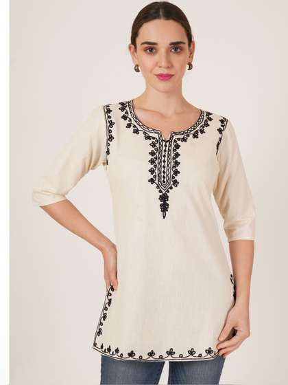 MissPeach Ethnic
                        Motifs Embroidered V-Neck Thread Work Pure
                        Cotton Blend Thread Work Kurti