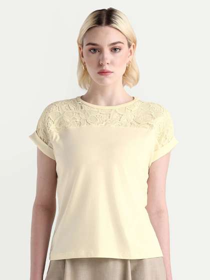 RAREISM Women Off
                        White Plain Regular Fit Half Sleeve Crew Neck
                        T-Shirt