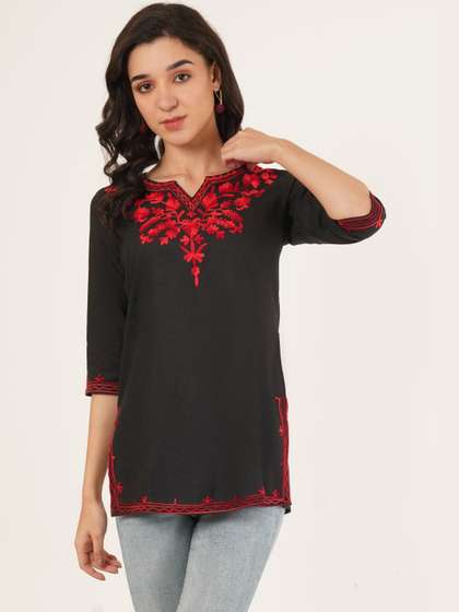 MissPeach Ethnic
                        Motifs Embroidered V-Neck Thread Work Pure
                        Cotton Blend Thread Work Kurti