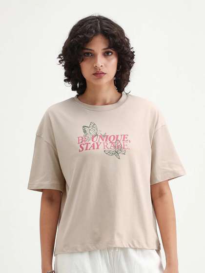 RAREISM Women Beige
                        Graphic Print Regular Fit Half Sleeve Crew Neck
                        T-Shirt