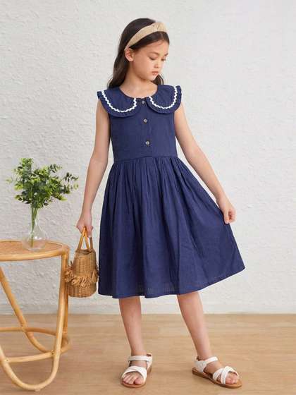 Purple United Kids
                      Girls Peter Pan Collar Lightweight Cotton Fabric
                      Navy Blue A-Line Dress