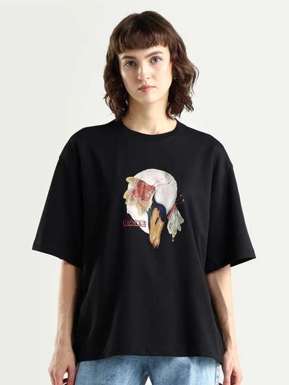 RAREISM Women Black
                        Graphic Print Oversized Fit Half Sleeve Crew
                        Neck T-Shirt