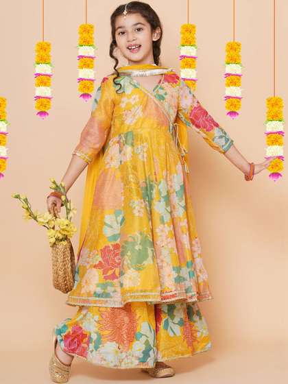 Bholukart Girls Floral
                    Printed Angrakha Raw Silk Kurta with Sharara &
                    With Dupatta