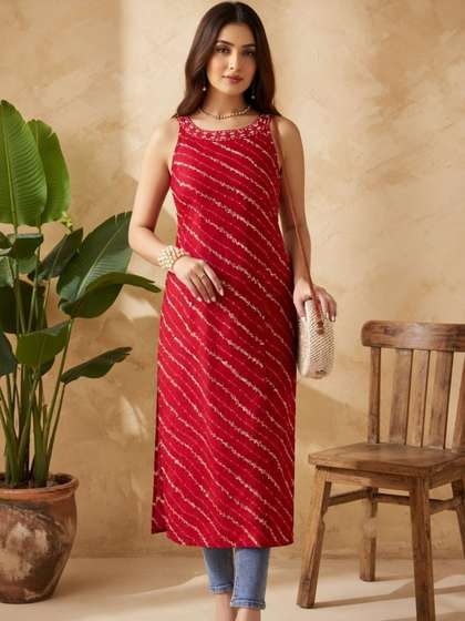 Sangria FUZN
                            Women Leheriya Printed Thread Work Kurta