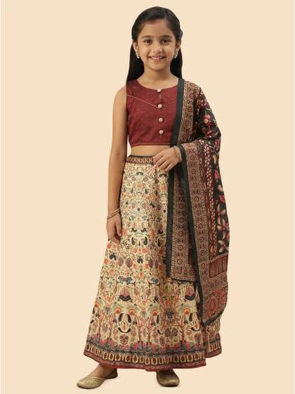 Kaizen TEXO FAB
                        Girls Printed Kalamkari Semi-Stitched Lehenga
                        & Unstitched Blouse With Dupatta