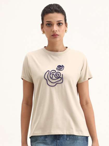 RAREISM Women Beige
                        Plain Regular Fit Half Sleeve Crew Neck T-Shirt