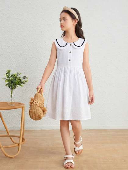 Purple United Kids Girls
                    Peter Pan Collar Lightweight Cotton Fabric White
                    A-Line Dress
