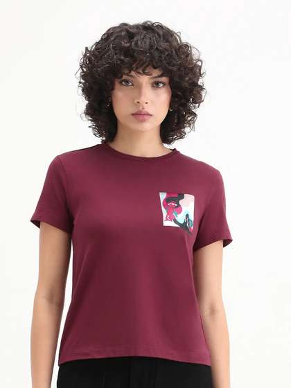 RAREISM Women Maroon
                        Graphic Print Regular Fit Half Sleeve Crew Neck
                        T-Shirt