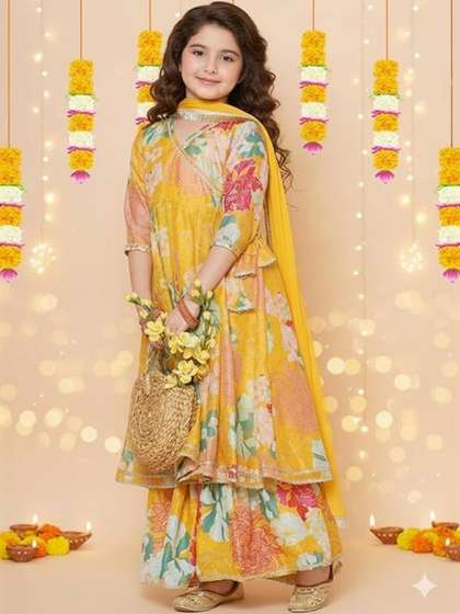 Heerkart Girls Floral
                    Printed Angrakha Raw Silk Kurta with Sharara &
                    With Dupatta