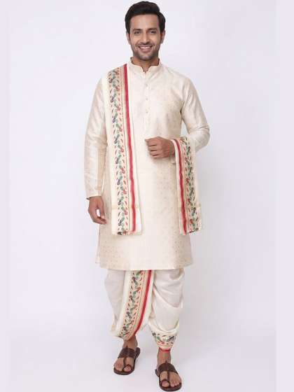 RAMESHWARAM FABRICS
                        Self Design Mandarin Collar Sherwani Set