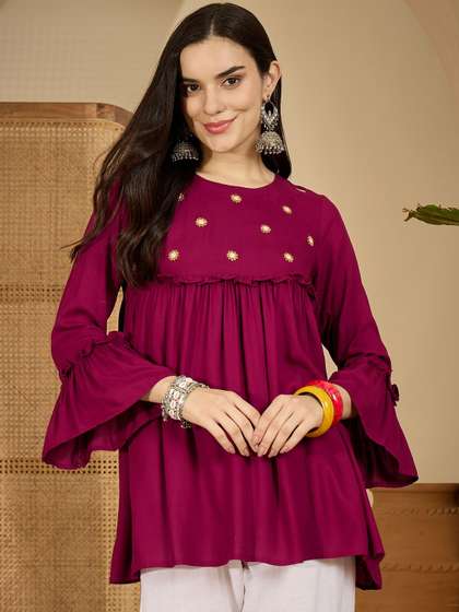 Sangria
                          Embroidered Thread Work Kurti With Ruffle
                          Detail